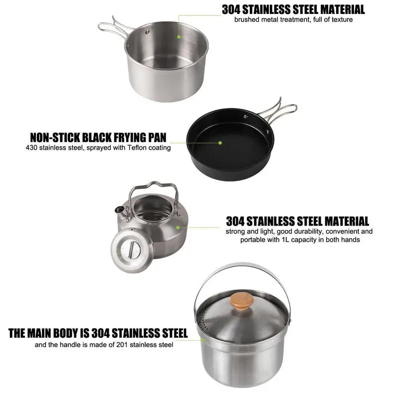4pcs universal outdoor stainless steel set pot camping pot camping portable road trip cooking pot non-stick frying pan supplies