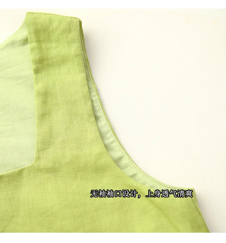 100% Linen White Crop Top 2024 Summer Vintage Square Collar Sleeveless Streetwear Green Top Fashion Clothing