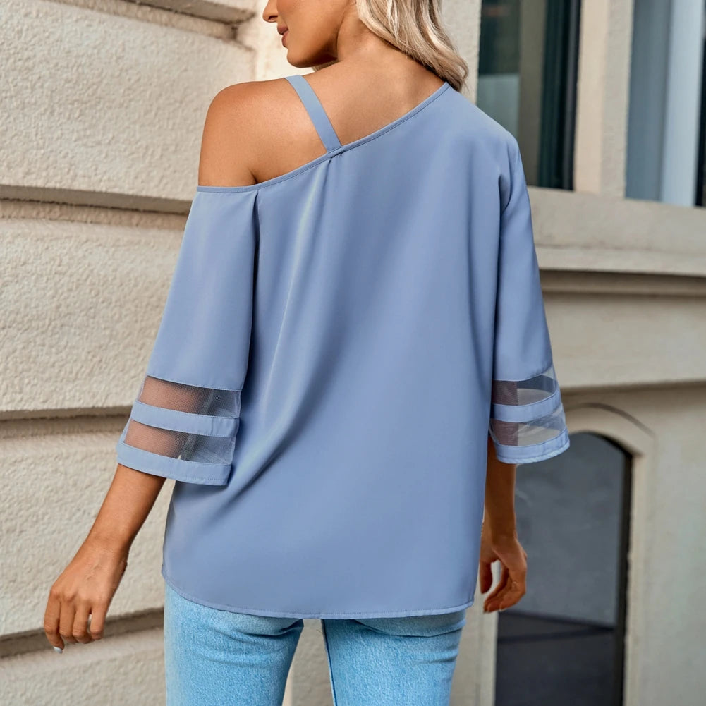 Women's Cold Shoulder Mesh Panel 3/4 Bell Sleeve Casual Top Blouse Shirt Summer Loose Fitting Chiffon Blous