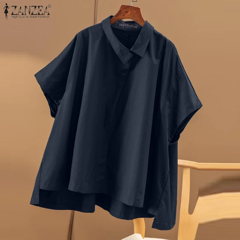 ZANZEA Korean Style Solid Color Shirts Women 2024 Summer Asymmetrical Lapel Neck Oversize Blouse Casual Half Sleeve Chemise Tops