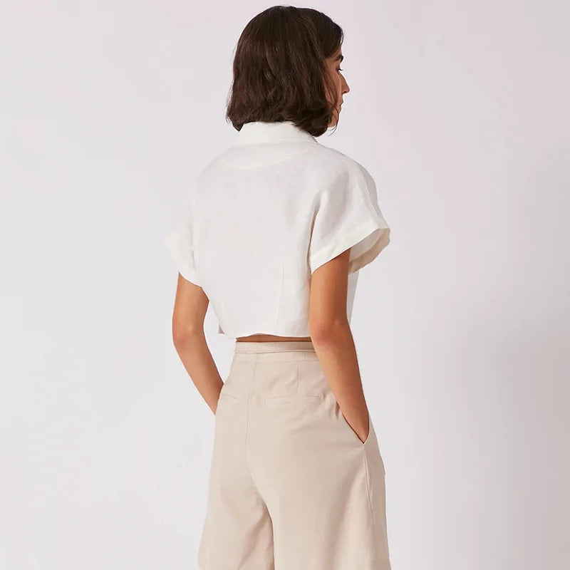 100% Linen Women'S Shirt Vintage Notched Collar Short Sleeve Button Up Shirts Elegant Fashion Woman Blouses 2024 Blusas Feminina