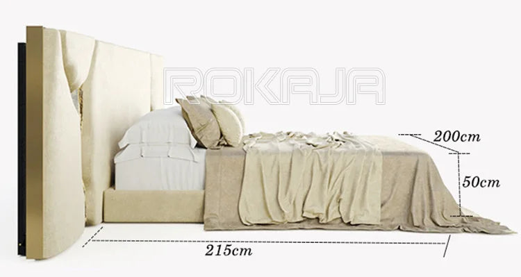 New Design Luxury King Size Bed Set Big Headboard Fabric Bed Mirrored Gold Double Bed Bedroom Furniture Set