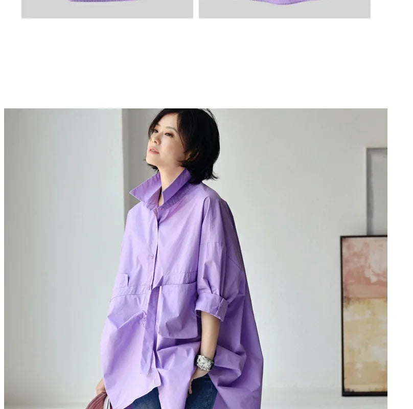 Women's Irregular Cotton Lapel Five-Point Sleeve Blouse, Large Size Shirt, Elegant Blouses for Youth, Medium Length
