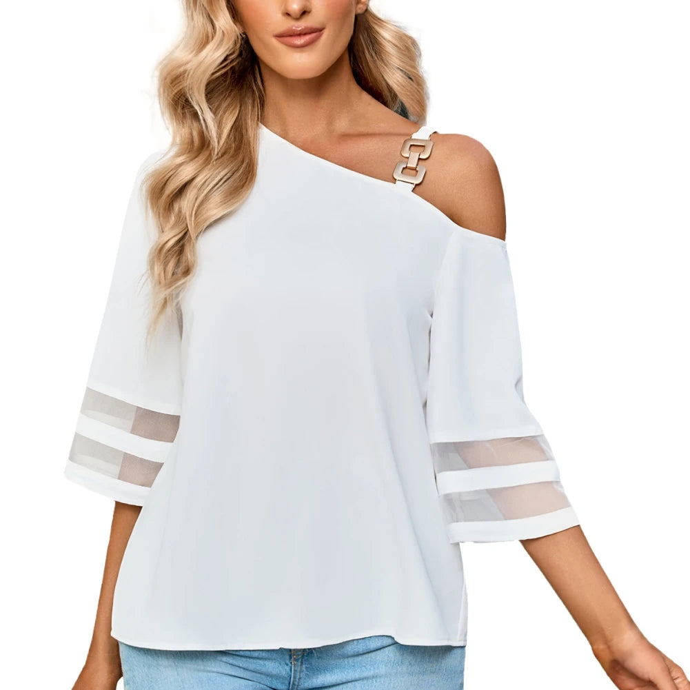 Women's Cold Shoulder Mesh Panel 3/4 Bell Sleeve Casual Top Blouse Shirt Summer Loose Fitting Chiffon Blous
