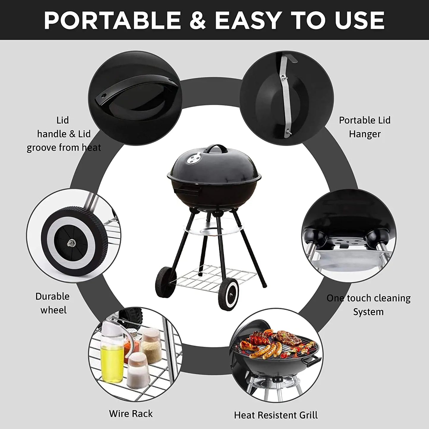 18 Inch Portable Charcoal Grill With Wheels Outdoor Cooking Barbecue Camping BBQ Coal Kettle Grill