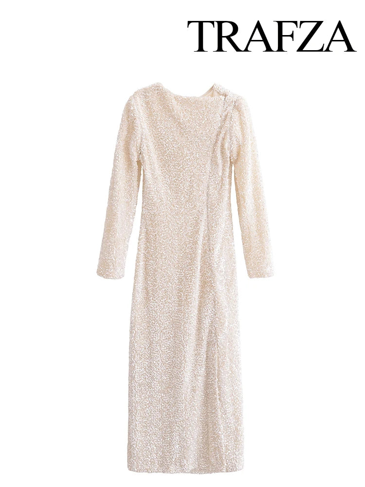 TRAFZA Women Fashion Party Dresses Solid O-Neck Long Sleeve Sequins Decorate Zipper Female Autumn High Street Chic Long Dress