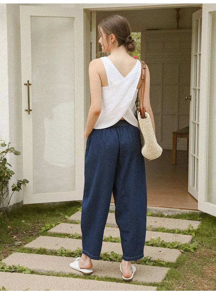 100% Linen Top Women Casual Solid Back Cross Patchwork Tank Top Summer Tops Haut Femme Women'S Clothing Offer Free Shipping