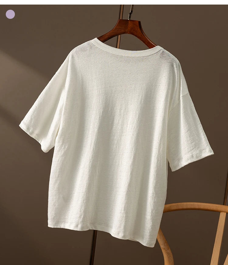 100% Linen Knitted High-quality Casual Loose Round Neck Short-sleeved T-shirt Women Short Sleeve Shirts for Women