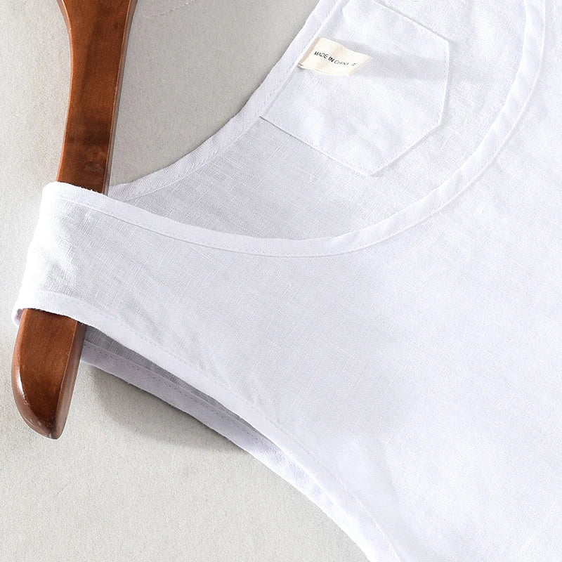 100% Linen Sleeveless Tank Top for Men Summer Solid Breathable Vest Tees Casual Man Vests