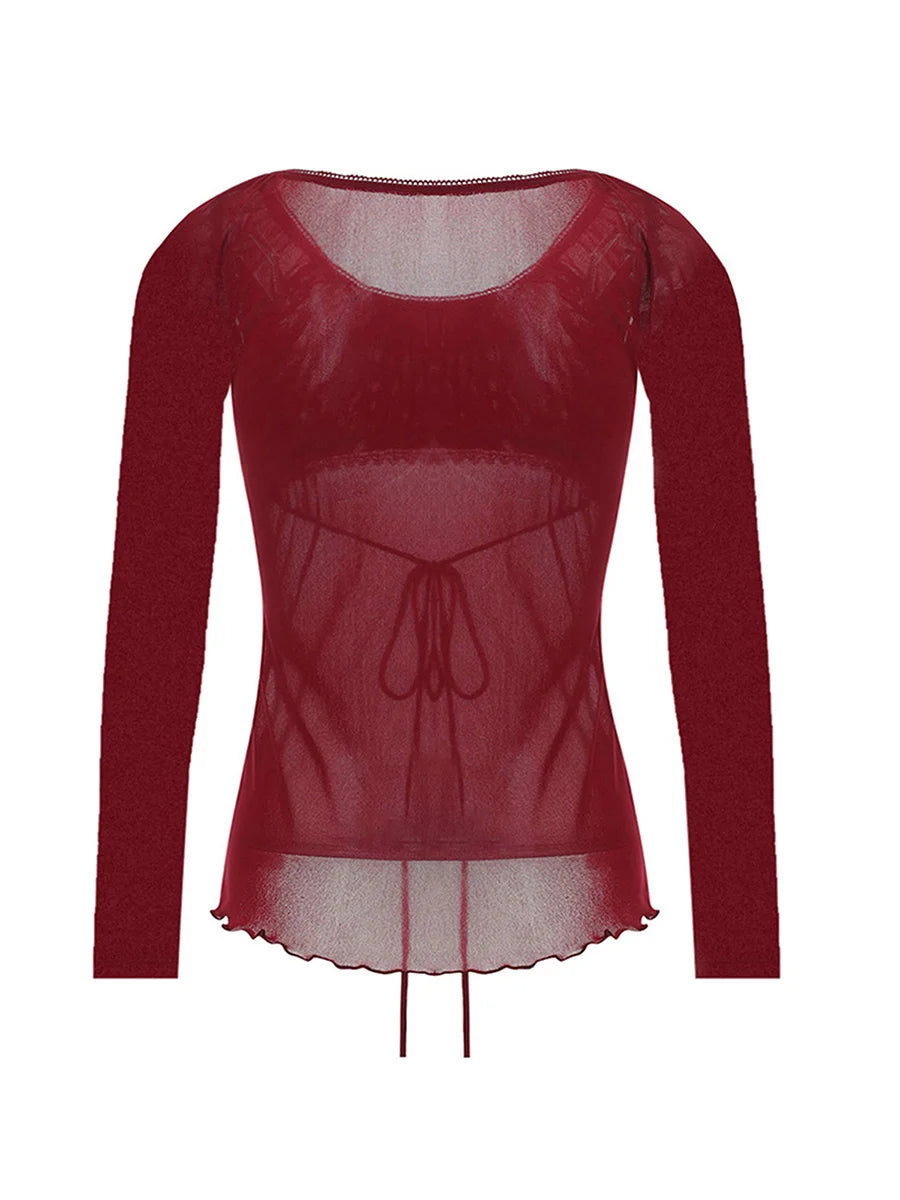 Y2k Long Sleeve Lace Crop Top Fairy Grunge Tee Shirt Patchwork Slim Fit T-Shirt Kawaii Aesthetic Streetwear Tie up 2 Piece Tops