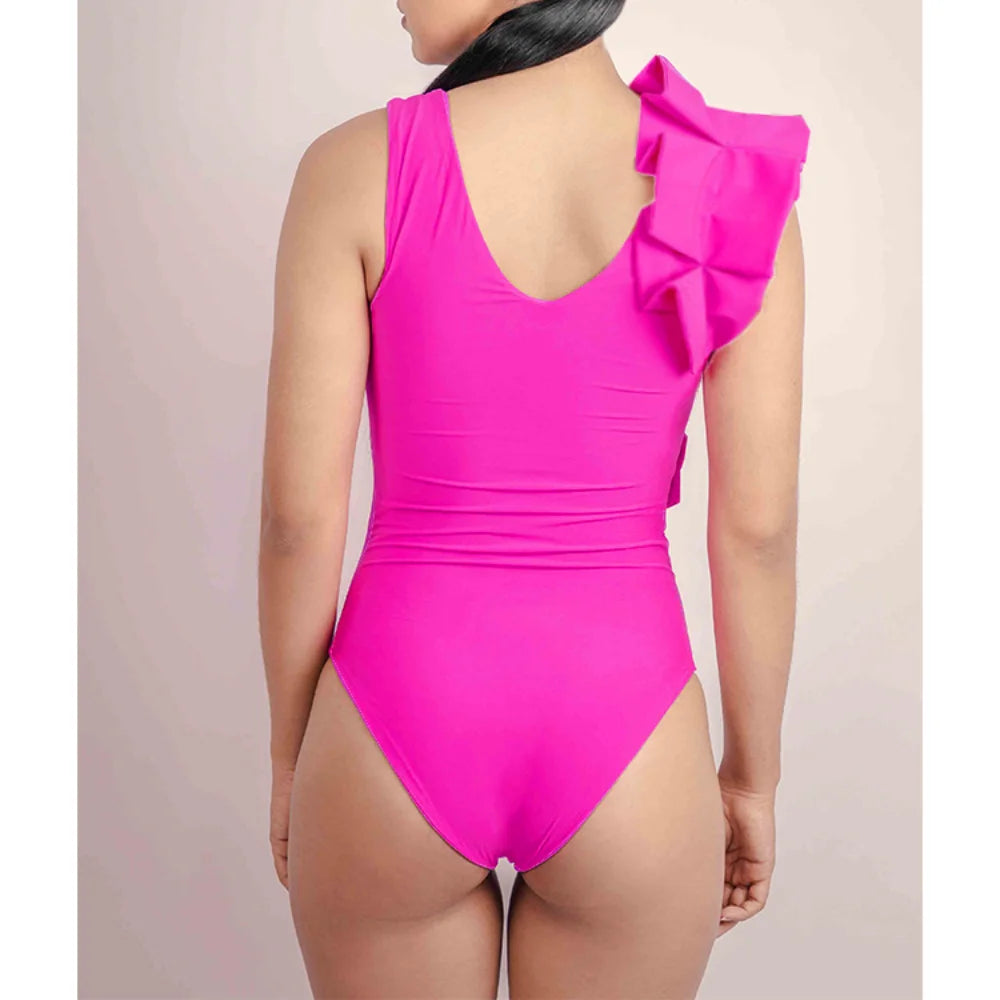 Women's Ruffled Swimsuit One-piece with Sarong, Cover Up, Pareo Beach Dress Luxury Designer Bathing Bodysuit 2023
