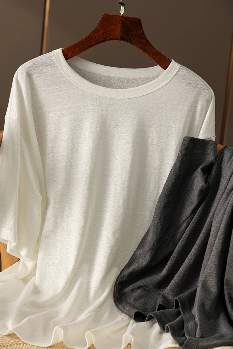 100% Linen Knitted High-quality Casual Loose Round Neck Short-sleeved T-shirt Women Short Sleeve Shirts for Women