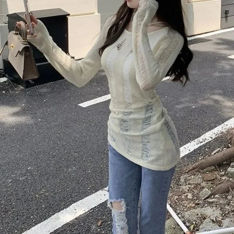 Women's Long Sleeved Solid Color Knitted Anti Wrinkle Cover Shirt, Beach Travel with Bikini Swimsuit, Sexy Hip Hugging Skirt