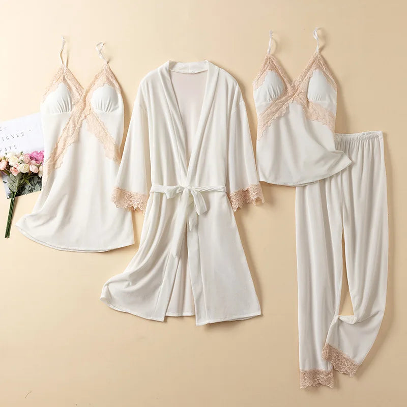 Women Velvet 4PCS Pajamas Set Sleepwear Autumn Winter Sexy Lace Trim Bathrobe Nightgown Loose Velour Pyjama Pour Femme Home Wear