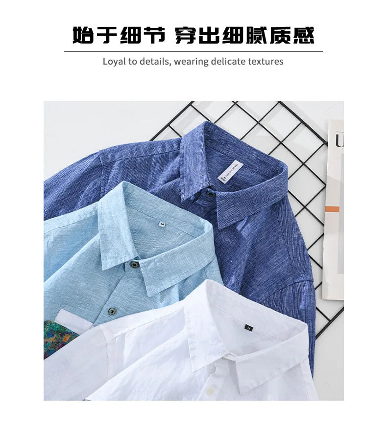 100% Linen Yarn-dyed Patchwork Men's Shirts 2024 Spring New Fashion Artsy Blouse for Youth Man Casual Loose Long Sleeve Tops