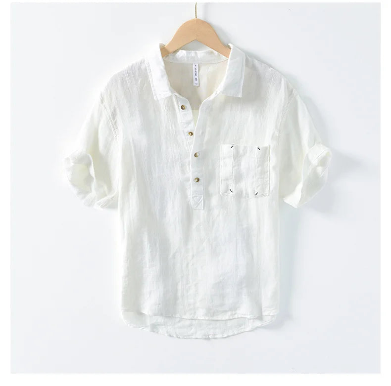 100% Linen Men's Short Sleeve Shirt Japanese Chest Pocket Striped Stand Collar Shirts Casual Summer Comfortable Tops Shirt Man