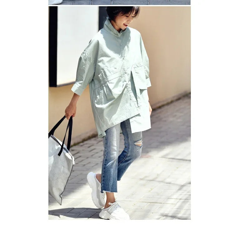 Women's Irregular Cotton Lapel Five-Point Sleeve Blouse, Large Size Shirt, Elegant Blouses for Youth, Medium Length