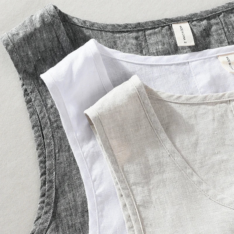 100% Linen Sleeveless Tank Top for Men Summer Solid Breathable Vest Tees Casual Man Vests