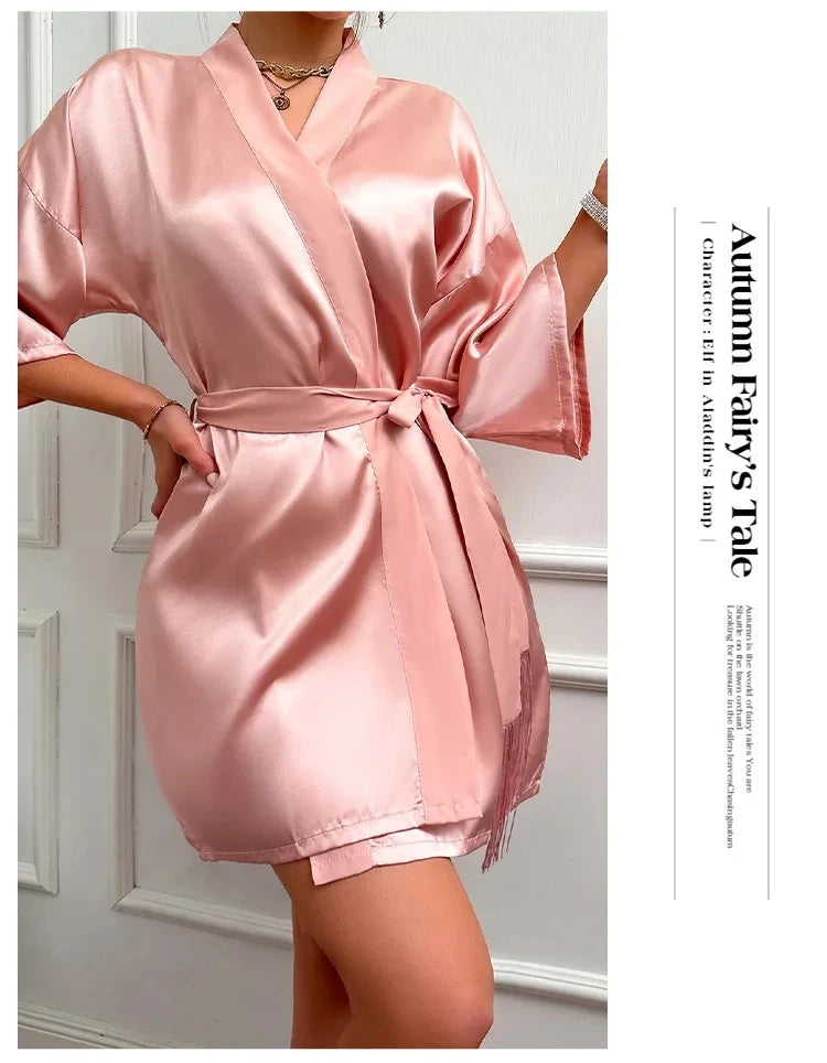 Silk Satin Women Nightgown Set Sleeveless V Neck Dress & Quarters Sleeves Waist Belt Robe 2 Pieces Female Sleepwear Nightwear
