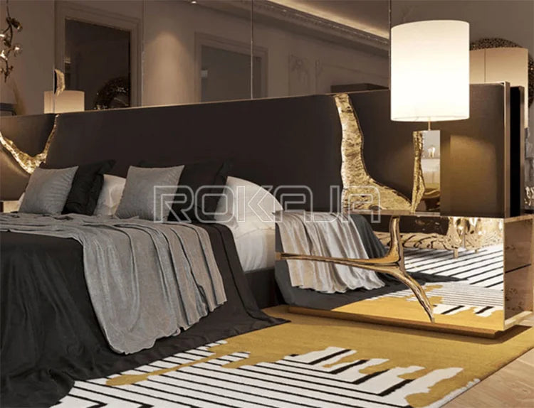 New Design Luxury King Size Bed Set Big Headboard Fabric Bed Mirrored Gold Double Bed Bedroom Furniture Set
