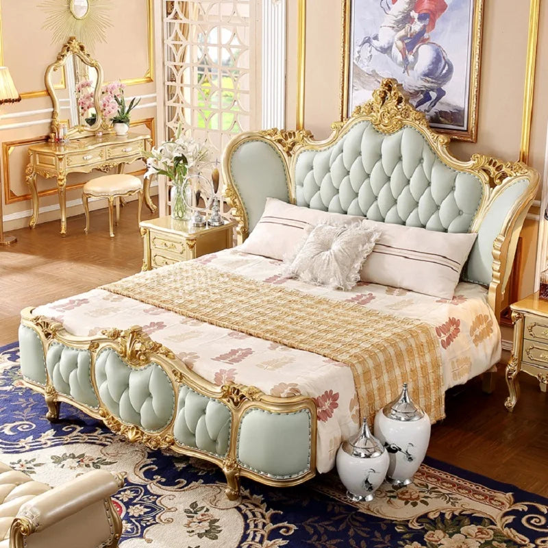 Simple European leather bed Queen bed Solid wood American bed Master Bedroom Oak claaical Champagne gold luxury double bed
