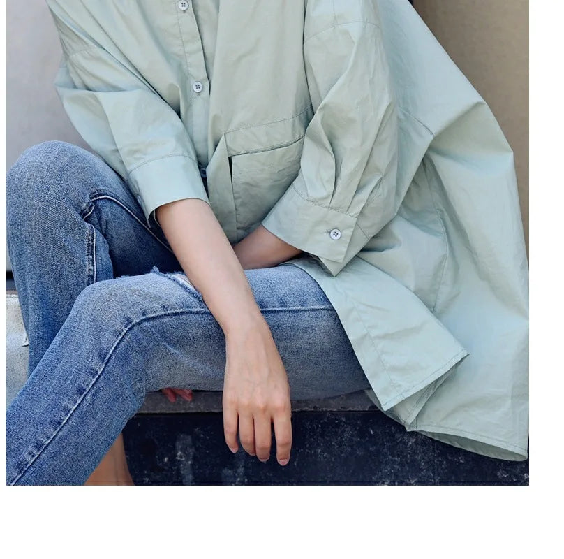 Women's Irregular Cotton Lapel Five-Point Sleeve Blouse, Large Size Shirt, Elegant Blouses for Youth, Medium Length