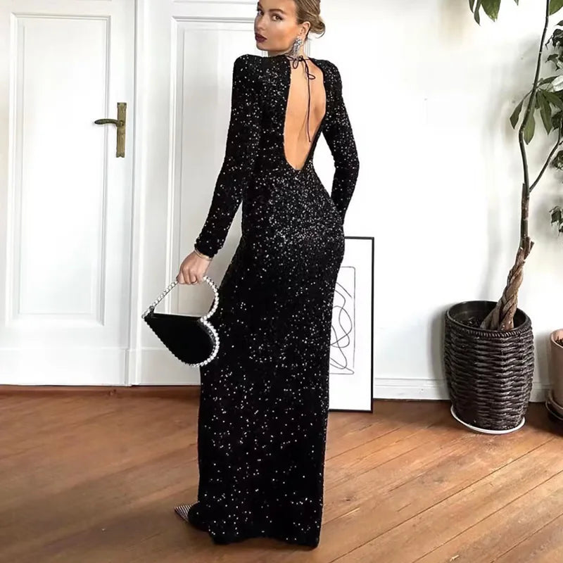 Women's Long Dress Autumn Sequined Vintage Fashion Backless Long Sleeve Female Party Evening Elegant and Pretty Women's Dresses
