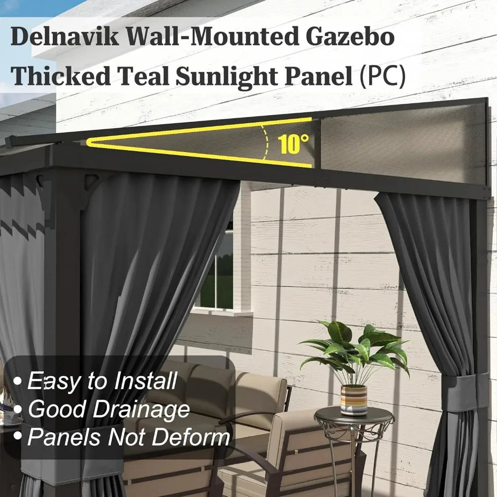 10 x 14 FT Outdoor Gazebo, Hardtop Wall Mounted Gazebos with Sloping Sun Panel Roof, Double Curtains, Gazebo