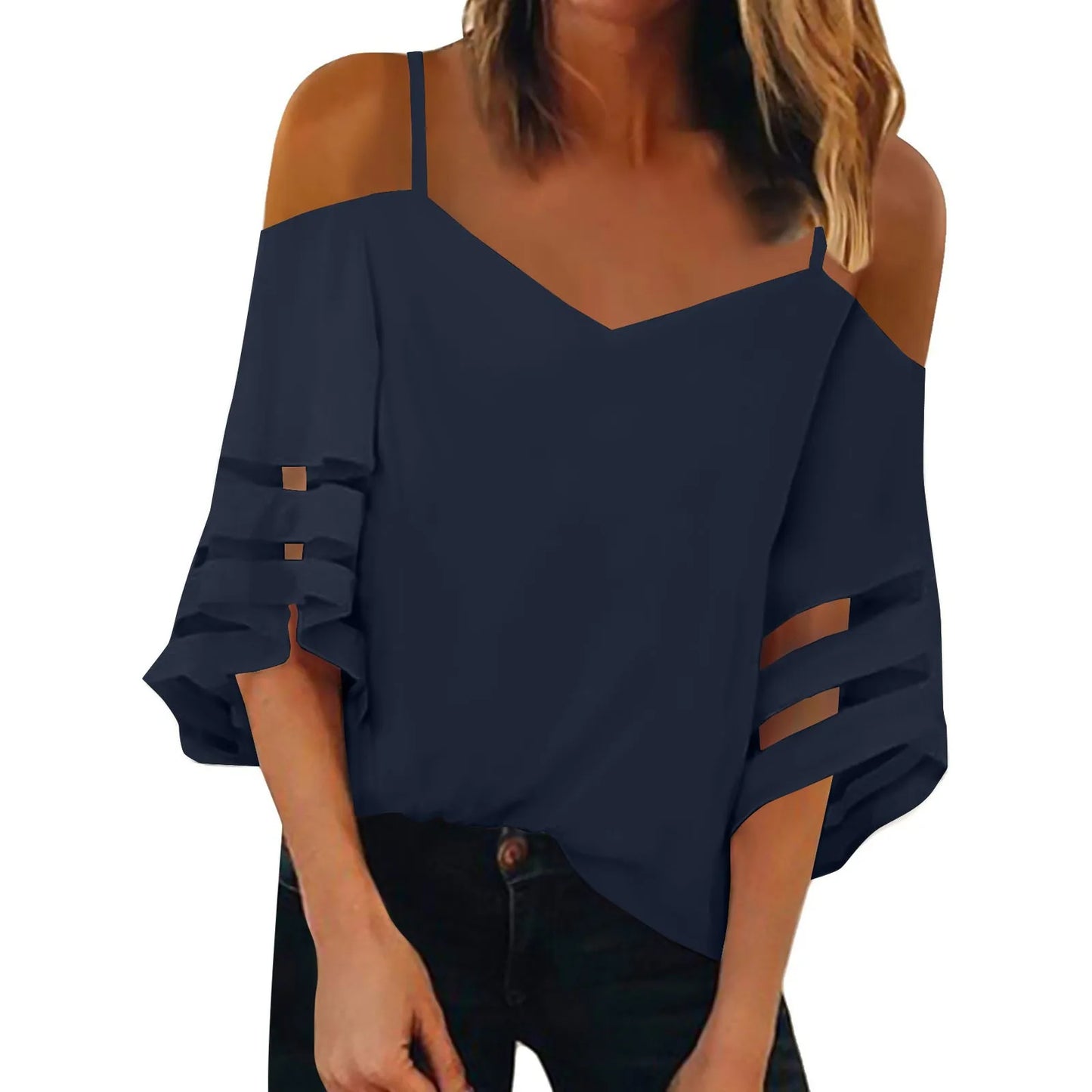 Women'S 3/4 Sleeve Tops Fashion Loose V-Neck Solid Color Casual Shoulder Strap Top Daily Commute Elegant All-Match Comfy Tops