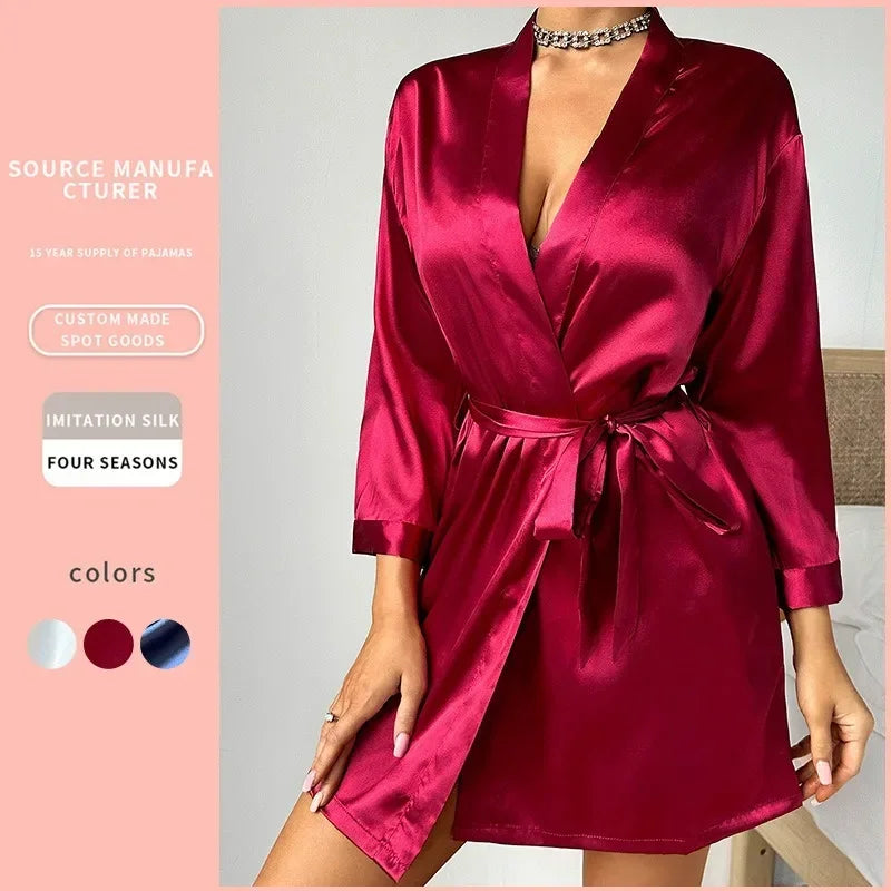 Women Silk Satin Short Night Robe Solid Kimono Robe Fashion Bath Sexy Bathrobe Peignoir Femme Wedding Bride Bridesmaid Robe