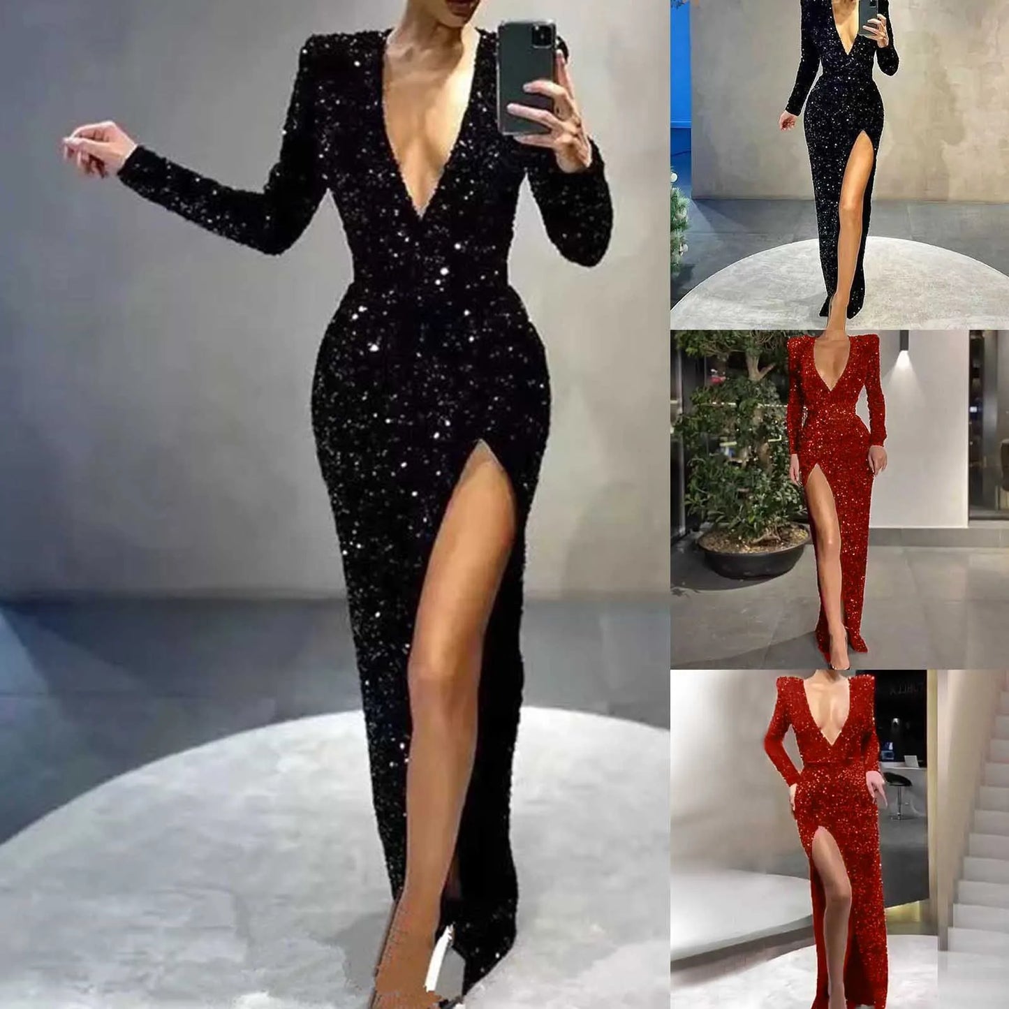 Women's Sexy Deep V Neck Prom Dresses Slim Fit Long Sleeved Sequined Slit Long Sleeve For Women Elegant Wedding Guest Dresses
