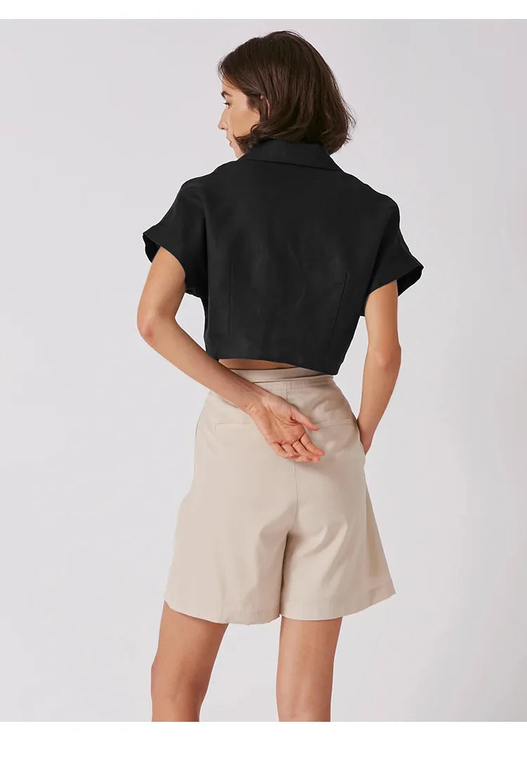 100% Linen Women'S Shirt Vintage Notched Collar Short Sleeve Button Up Shirts Elegant Fashion Woman Blouses 2024 Blusas Feminina