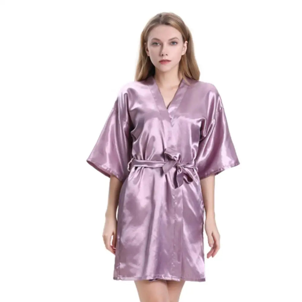 Women Summer Solid Color Ice Silk Nightdress Midi Dress Bath Robe Waist Belt Sleepwear Nightgown Lady Homewear