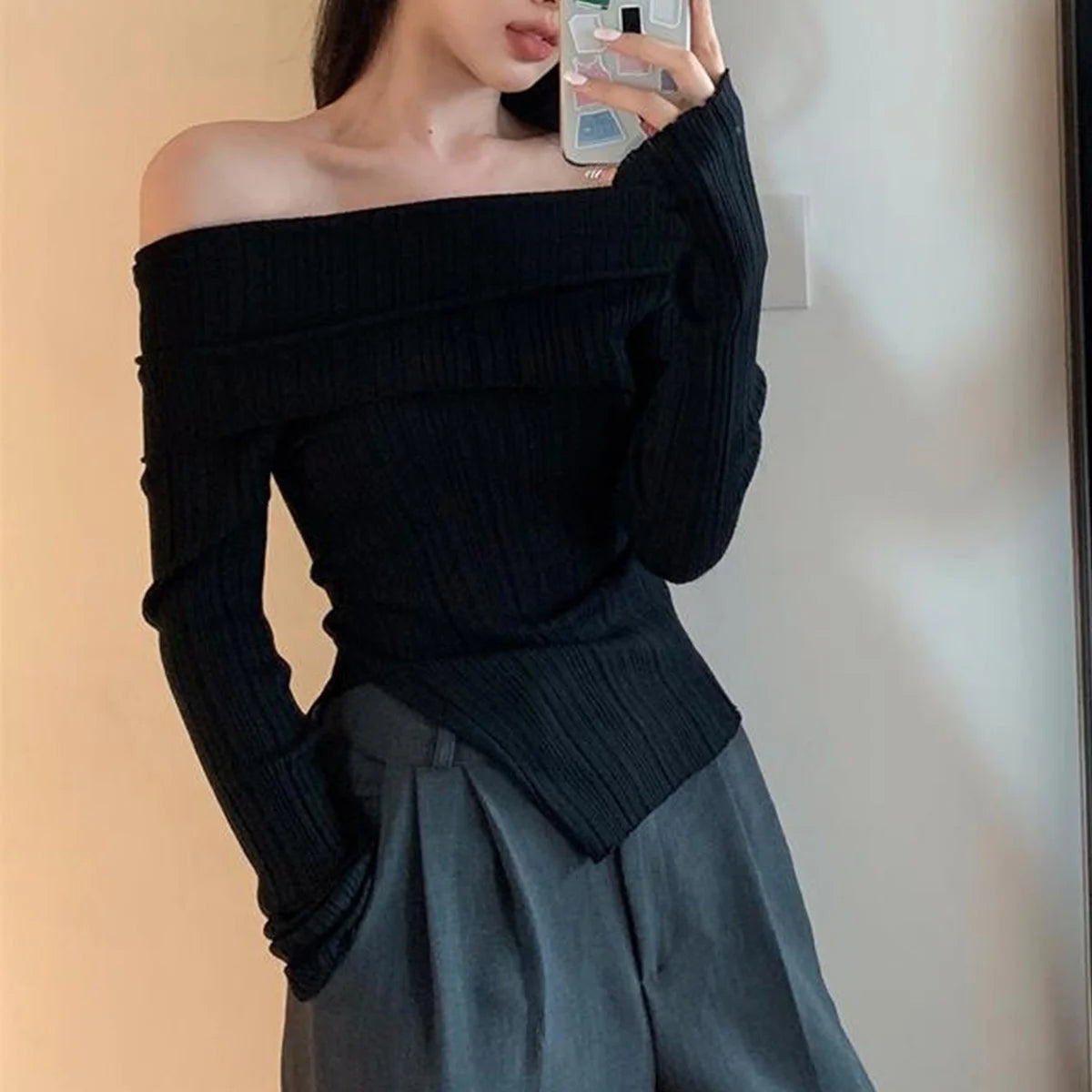 Women's Slash Neck Pullover Split Irregular Off Shoulder Top Black Long Sleeve Casual Korean Elegant Slim Fit Base Tees Y2K Tops