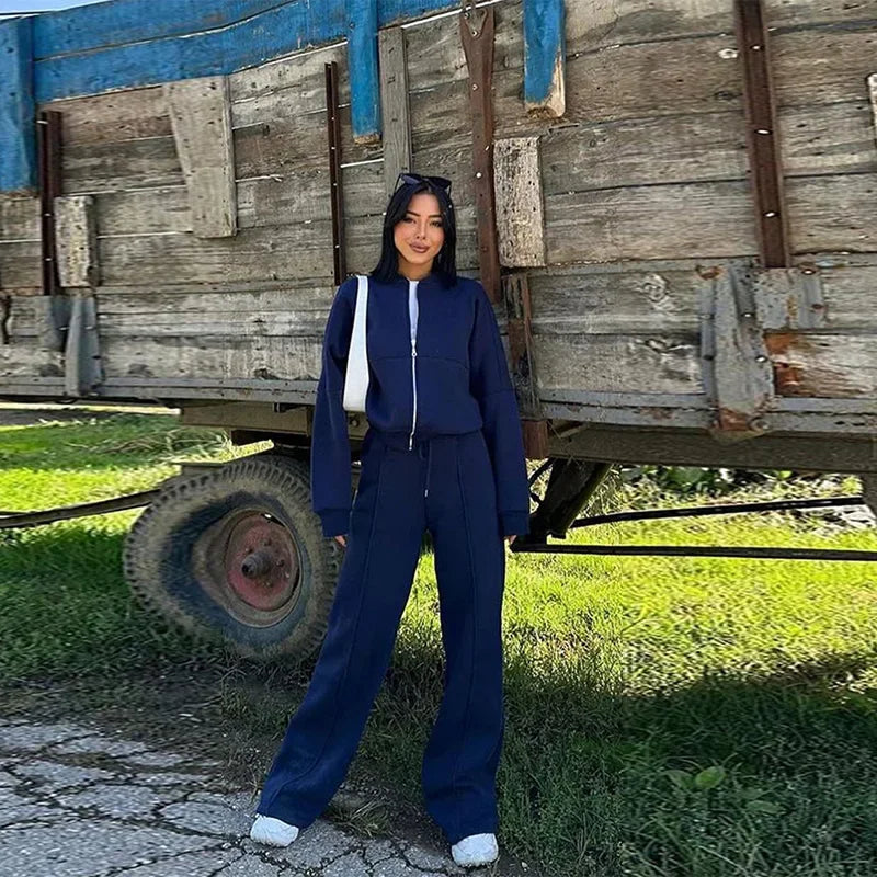 Women Sweatsuit Set Vintage O-neck Zipper Bomber Jackets High Waist Loose Pants Suit Female 2025 Spring Fashion Lady Sportswear