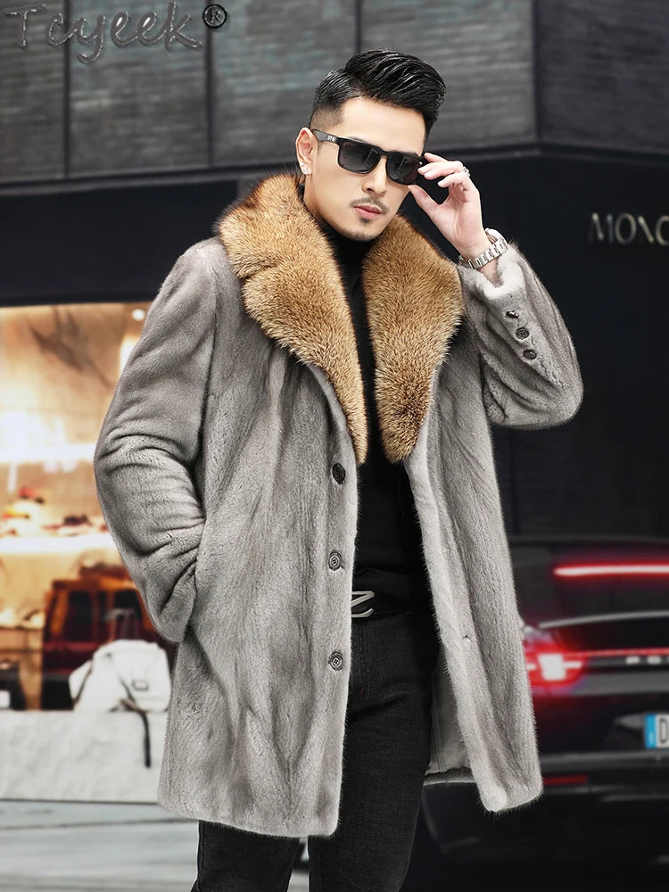 Tcyeek High-end Winter Whole Mink Fur Jackets Fashion Mid-length Mens Real Fur Coats Warm Natural Mink Fur Jacket Men Clothing