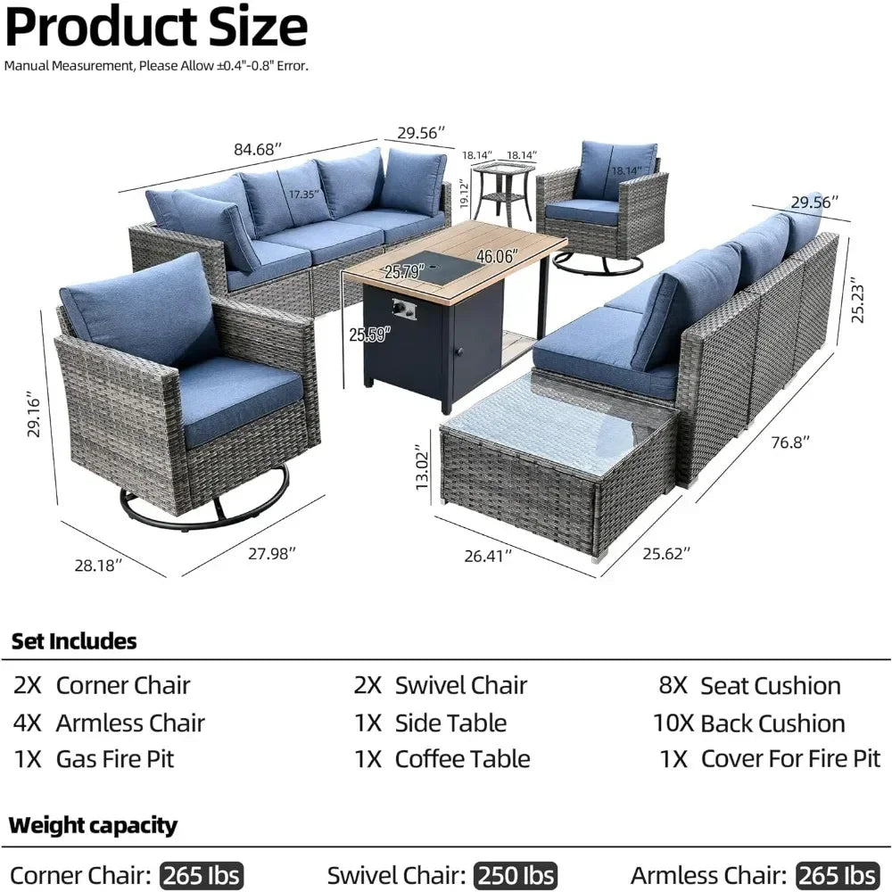 11 Pieces Outdoor Patio Furniture Set, Garden Furniture Sets with Fire Pit, Swivel Glider Chairs for Poolside Lawn Backyard