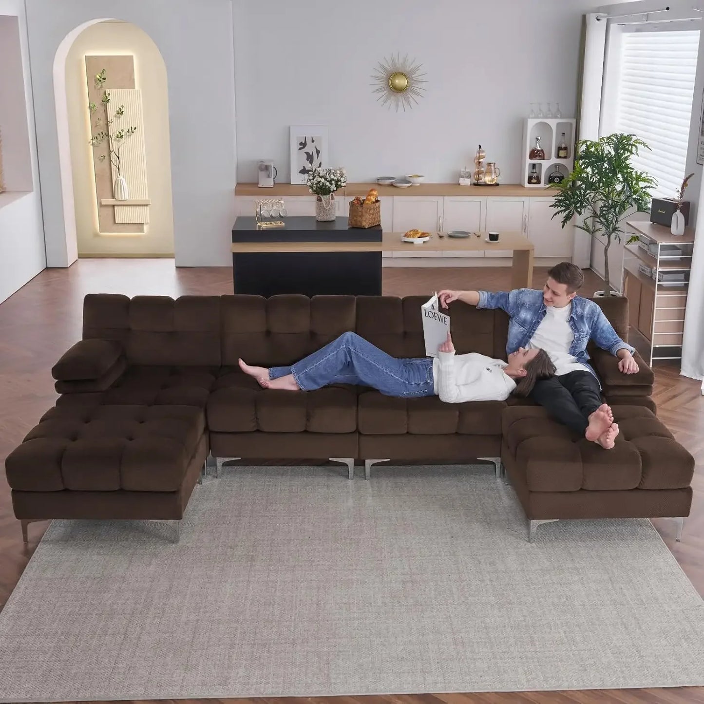 124 Inch Sectional Sofa, 4 Seater Modular Sectional Couch with Metal Legs, Modern Sofa Couch for Living Room, Dark Brown