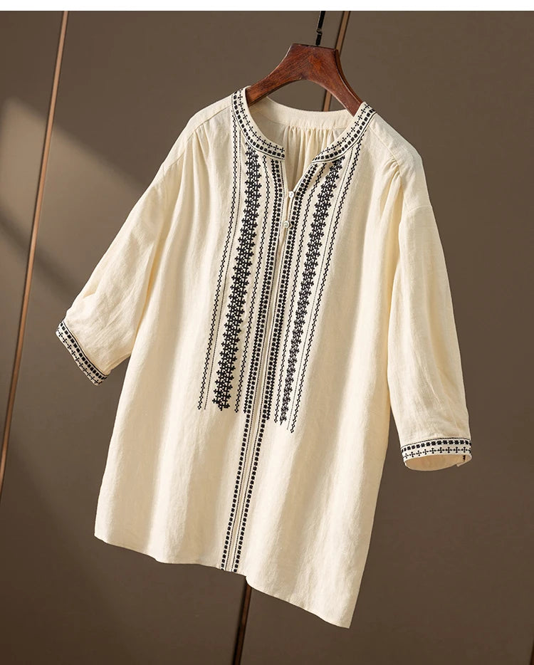 100% Linen Five-Sleeve Embroidered Shirt Women Blusas Femininas Women Tops Shirts for Women Blusas De Mujer