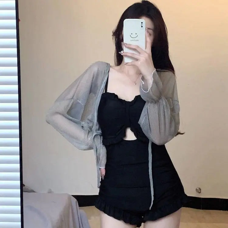 Women's One-piece Sexy Swimsuit 2024 New Korean Ins Swimsuit Conservative Belly-shading Thin Small Chest Fairy Swimsuit