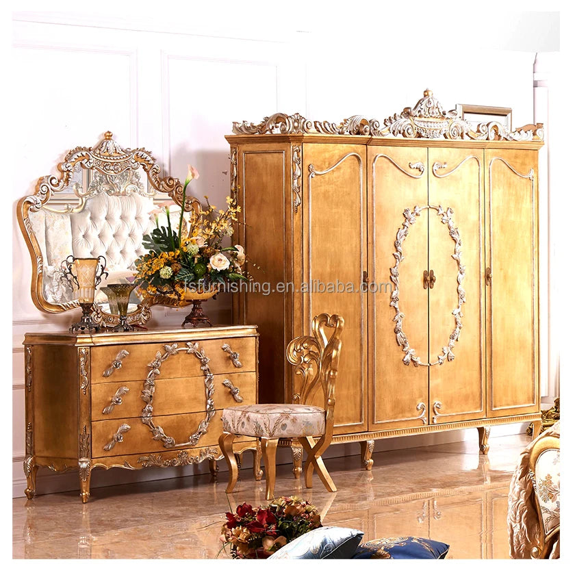 European Golden Solid Wood furniture Hand Carving Canopy Bed King Size Classical Luxury Gold Bedroom king size bed