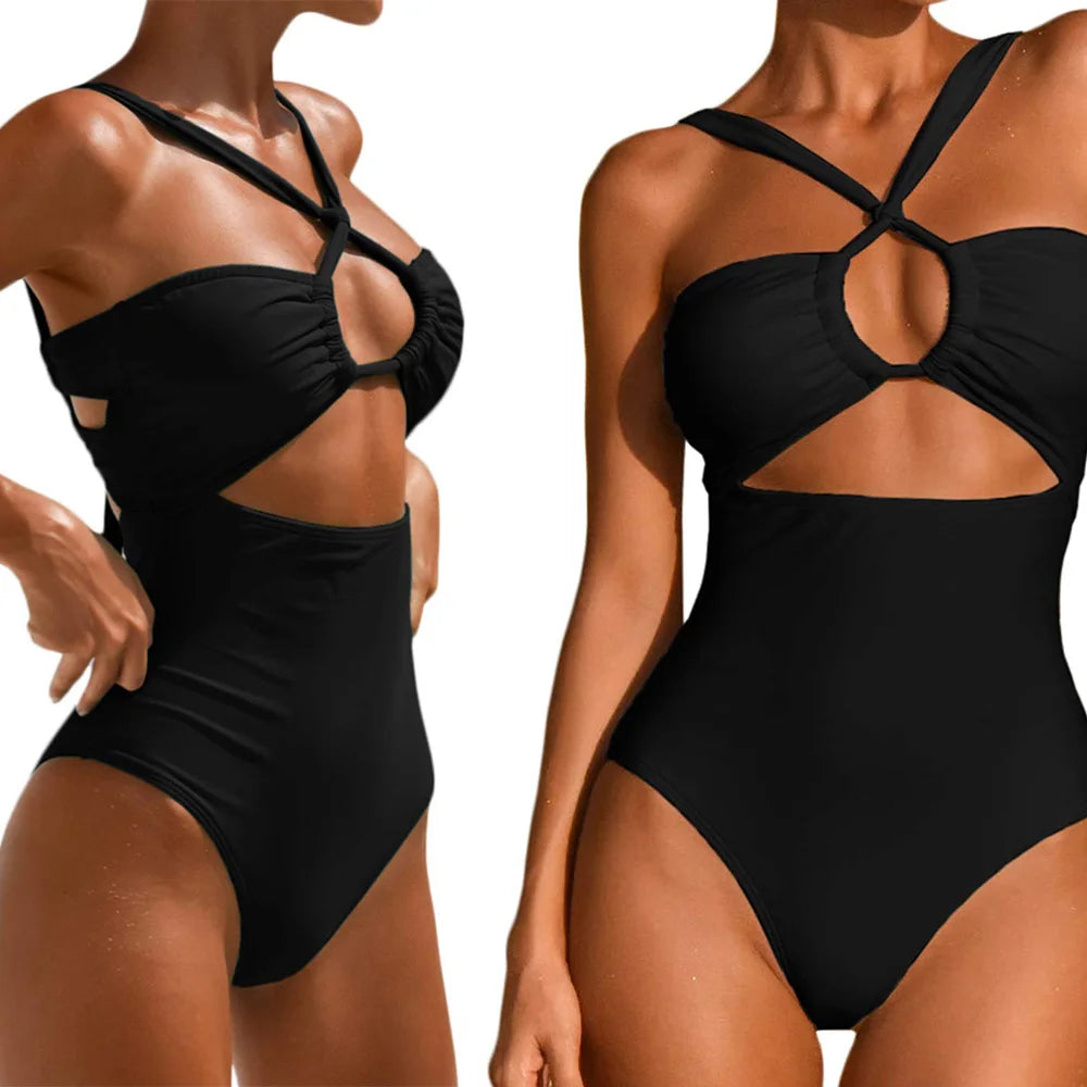 Women's One-piece Swimsuits High Waist Backless Hanging Neck Black Swimwear Soft Material Easy to Wear Comfortable Strap bikini