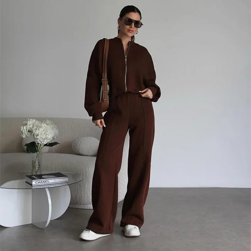 Women Sweatsuit Set Vintage O-neck Zipper Bomber Jackets High Waist Loose Pants Suit Female 2025 Spring Fashion Lady Sportswear
