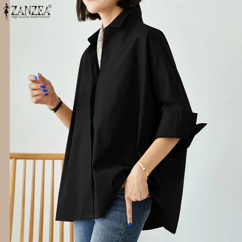 ZANZEA Women Lapel Neck Blouse Fashion OL Work Tops Casual 3/4 Sleeve Holiday Tops Oversize Chemise Female Loose Buttons Blusas