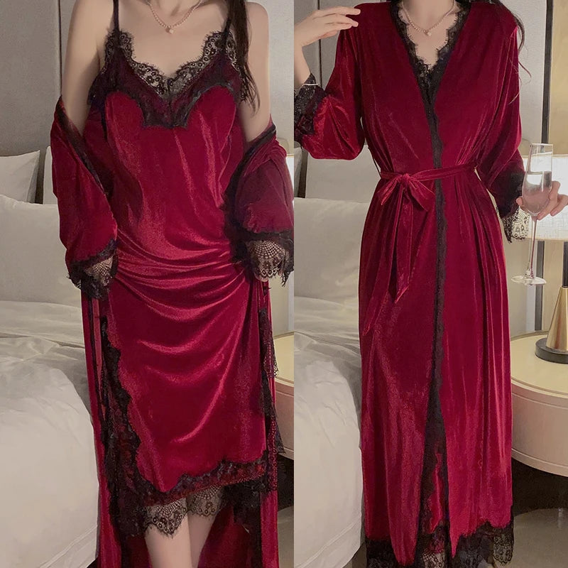 Women Warm Velour Homewear Pink Bathrobe Set Cami Sleepwear Winter Robe Suit Loungewear Sexy Nightgown Long Kimono Robe