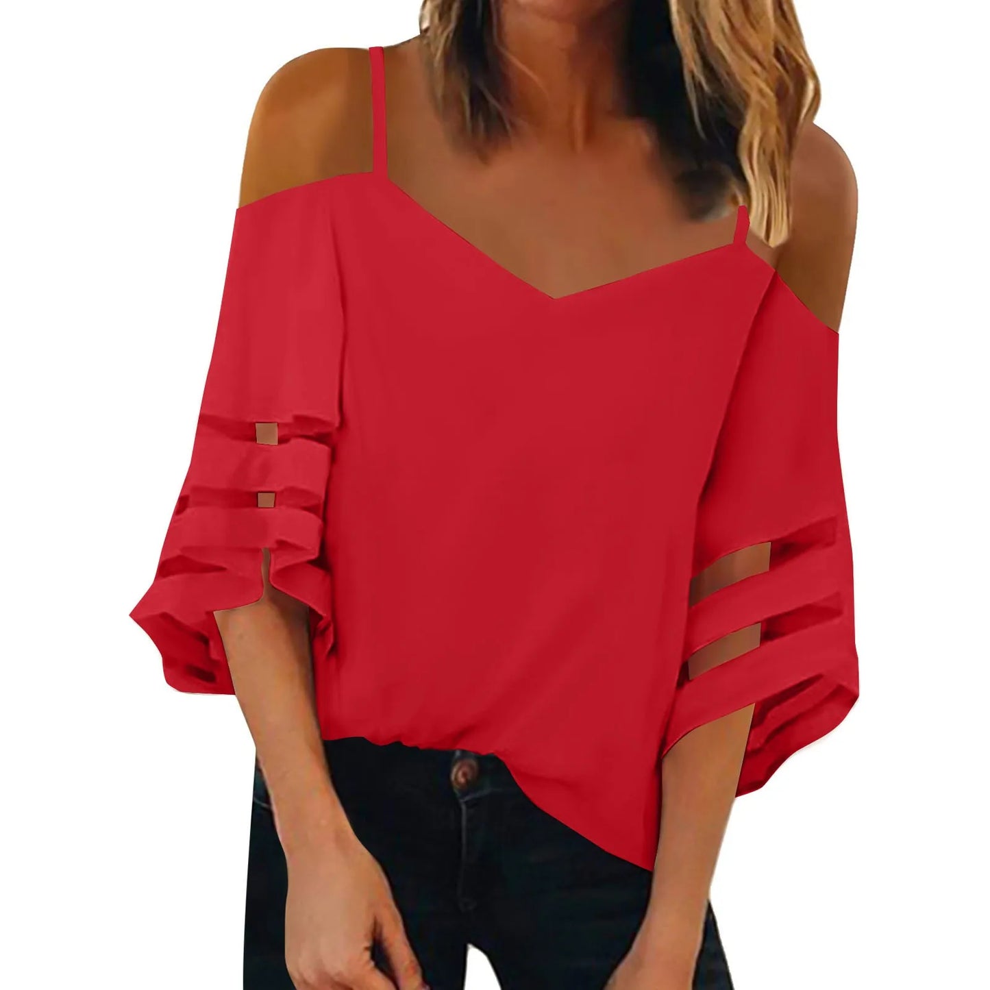 Women'S 3/4 Sleeve Tops Fashion Loose V-Neck Solid Color Casual Shoulder Strap Top Daily Commute Elegant All-Match Comfy Tops