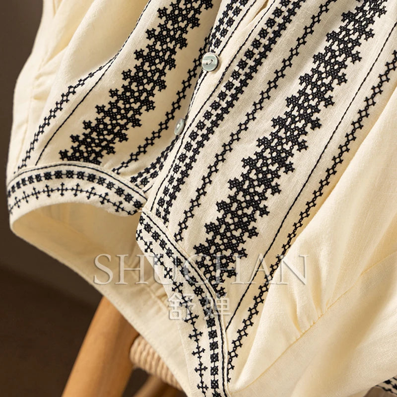 100% Linen Five-Sleeve Embroidered Shirt Women Blusas Femininas Women Tops Shirts for Women Blusas De Mujer