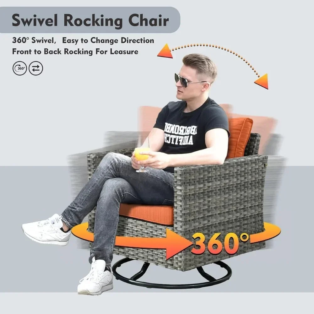 11 Pieces Outdoor Patio Furniture Set, Rattan Wicker Sectional Swivel Rocker Chairs Sets with Fire Pit, Swivel Glider Chairs