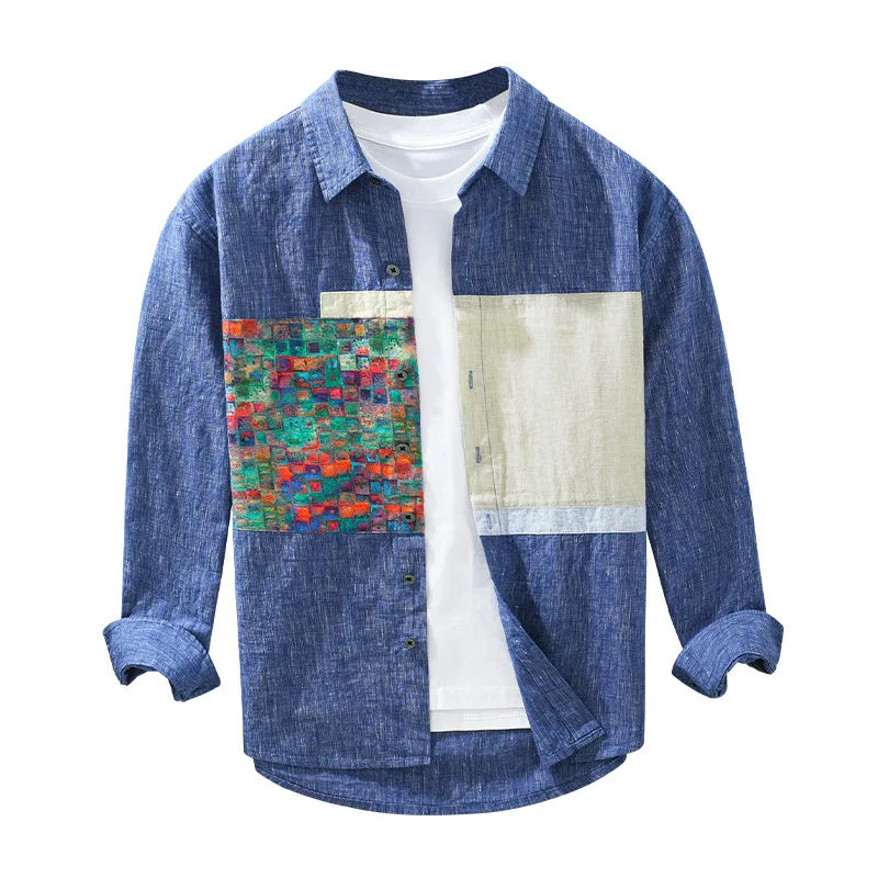 100% Linen Yarn-dyed Patchwork Men's Shirts 2024 Spring New Fashion Artsy Blouse for Youth Man Casual Loose Long Sleeve Tops