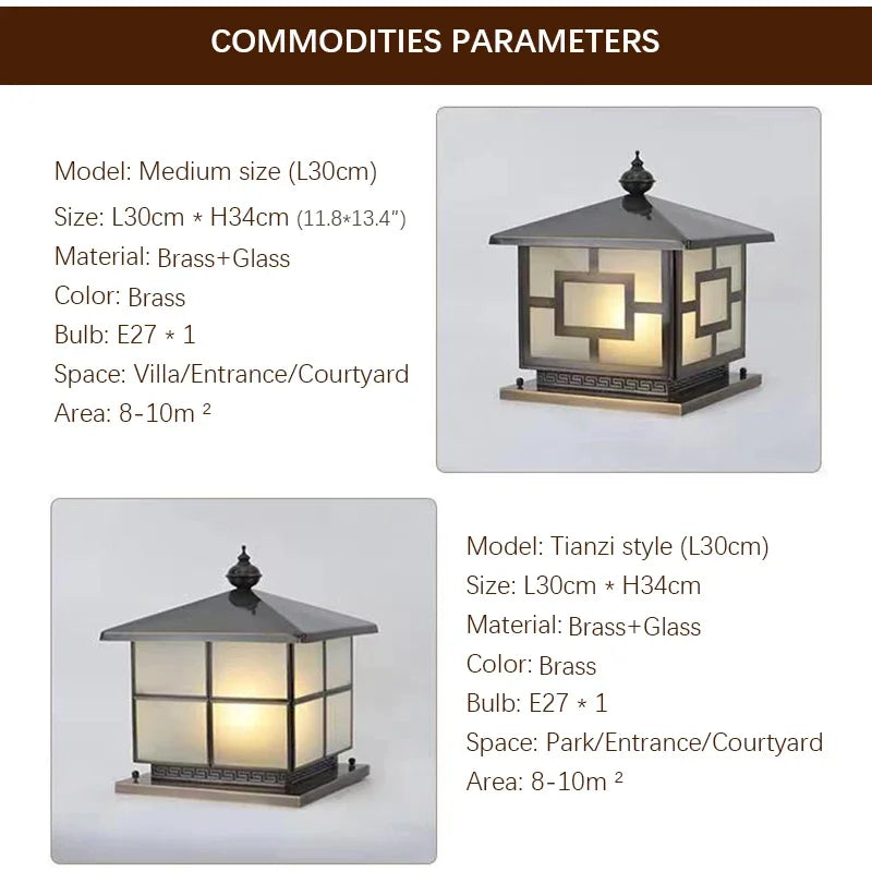WPD Outdoor Electricity Post Lamp Vintage Creative Chinese Brass Pillar Light LED Waterproof IP65 for Home Villa Courtyard